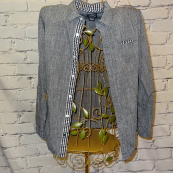 First Wave Long Sleeve Button Down Gray & Black Shirt w/Front Pocket - Picture 3 of 9